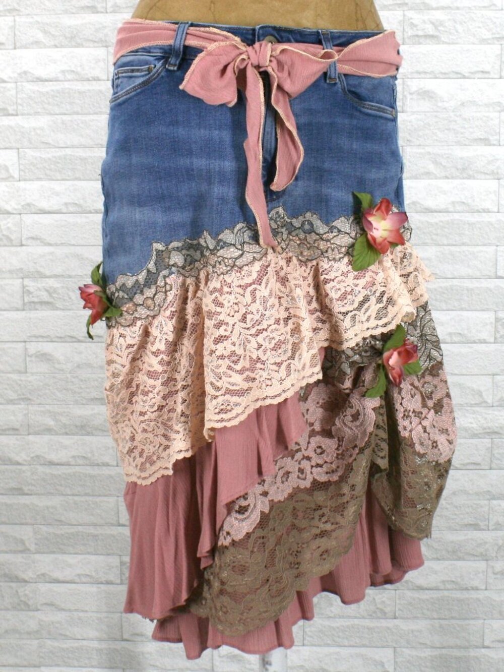 HAND CRAFTED Skirt Denim Blue Jean Upcycled Lace Floral Ruffle Midi Pink 10 - Picture 1 of 15